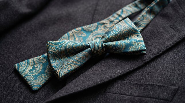 Elegant teal paisley bow tie on charcoal grey wool suit jacket lapel, formal menswear accessory