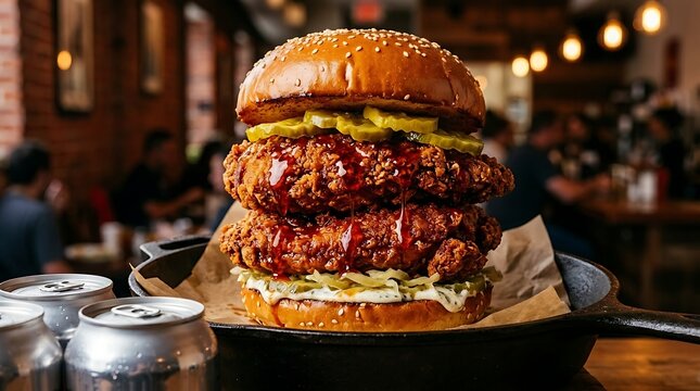 Massive double fried chicken sandwich with pickles and spicy sauce on toasted bun served in cast iron skillet with soda cans in rustic restaurant setting for indulgent comfort food photography