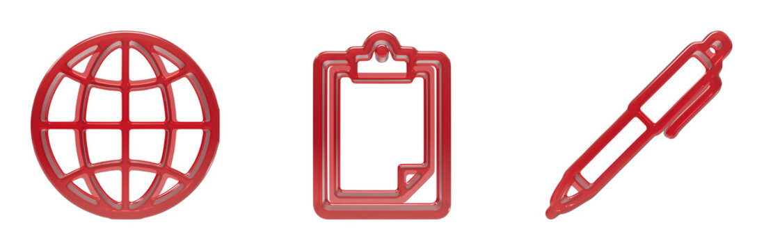Minimalist red glass icons showing a global sphere a blank clipboard and a writing pen