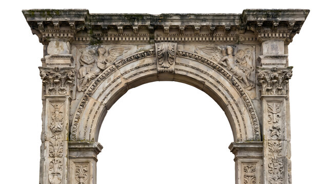 Ancient stone archway with intricate corinthian columns, detailed relief carvings of winged figures, and ornate classical architectural motifs