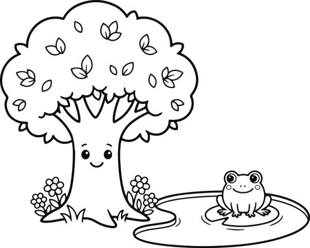 Cute cartoon tree coloring page featuring a happy smiling tree and a friendly frog sitting by a pond