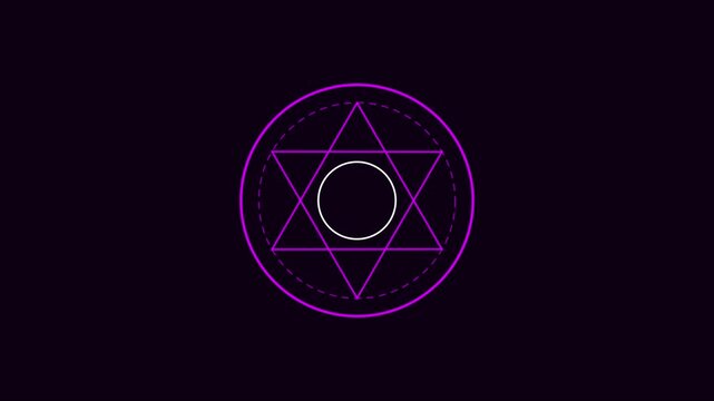 Neon purple hexagram geometric symbol animation on dark 4k background