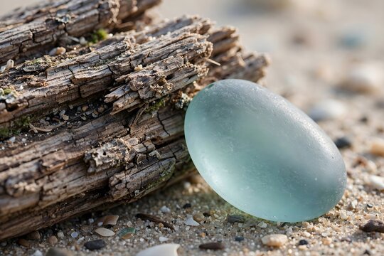Sea Glass On Wood At Beach