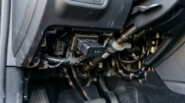 OBD2 telematics device plugged into a car dashboard for usage based insurance tracking.
