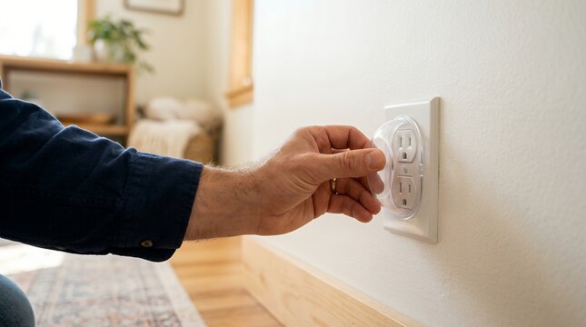 Father installing plastic child safety outlet cover into wall socket for home protection.