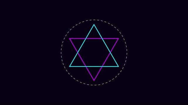 Neon star of david animation, glowing geometric hexagram symbol with pulsing circular border for religious and cultural motion 4k