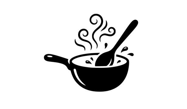 Hot pan stirring food silhouette vector illustration with spoon steam and cooking liquid droplets