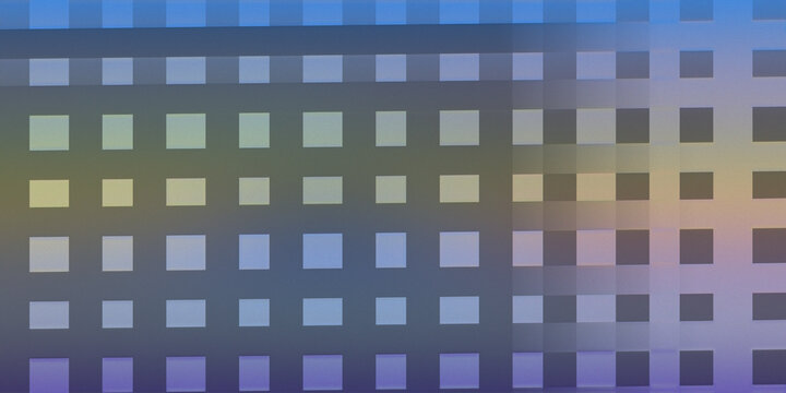 Technical grid structure with dark overlay and rainbow highlights.