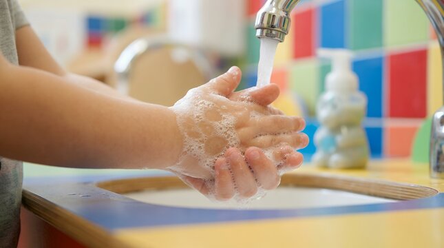 Child washing hands with soap at a colorful preschool sink for hygiene and health.