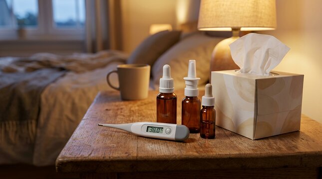 Cold and flu medicine essentials with thermometer and tissues on a bedside table.