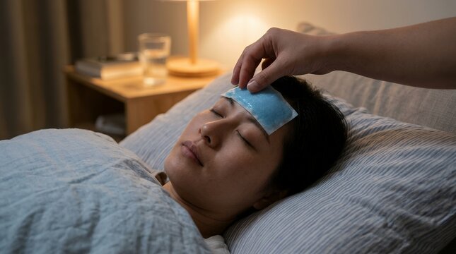 Woman with fever applying cooling gel patch on forehead for headache relief in bedroom.