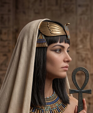 Ancient Egyptian queen wearing golden headdress and holding ankh symbol