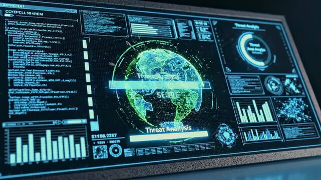 Cybersecurity interface scanning close-up on threat analysis dashboard with global network map, secure status, code logs, data charts, incident monitoring, and digital risk assessment workflow