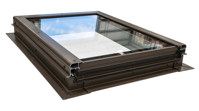 Rectangular roof window with a dark brown metal frame and reflective glass, isolated on a white background, showing a blue sky reflection