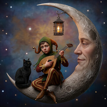 A young jester playing a lute seated on a crescent moon with a black cat and lantern
