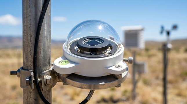 Solar radiation sensor with glass dome mounted on outdoor pole for climate research monitoring