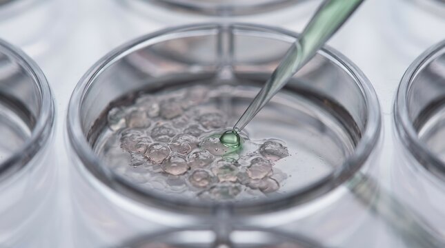 Macro view of reagent drop interacting with specimen cells in a laboratory microplate.