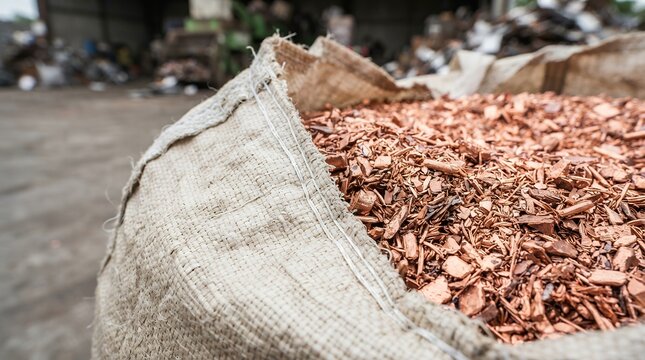 Macro view of shredded copper granules inside a woven polypropylene industrial bag.