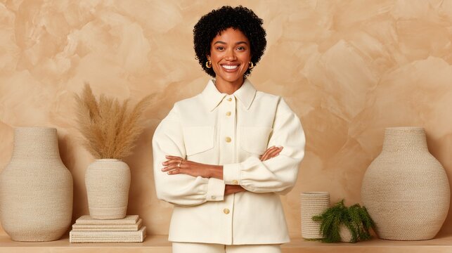 A confident woman smiles with arms crossed, standing against a beige textured wall, surrounded by neutral-toned woven vases and dried plants.