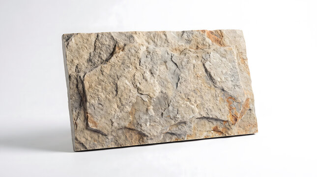 Rectangular slab of natural sandstone with rough, chiseled texture and earthy beige, tan, and grey tones isolated on a plain white background