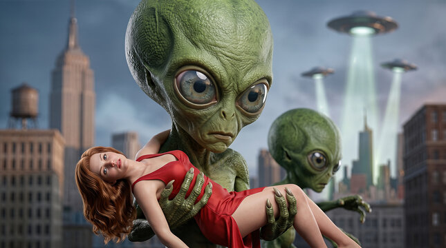 Alien holding a woman in a red dress during an extraterrestrial city invasion with UFOs