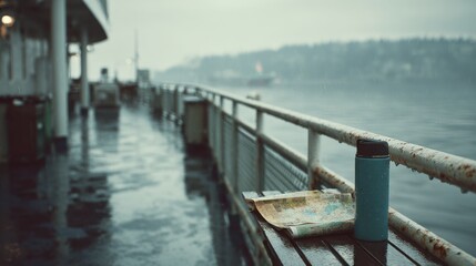 Fototapeta premium Rainy day ferry ride with a map and water bottle on deck