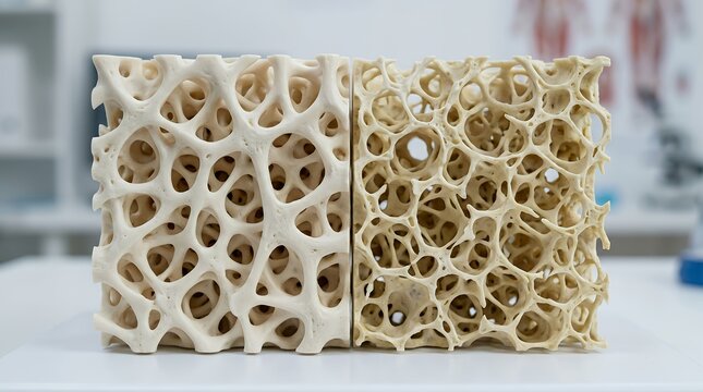3D medical scan of porous osteoporosis bone structure showing severe trabecular loss and fragility