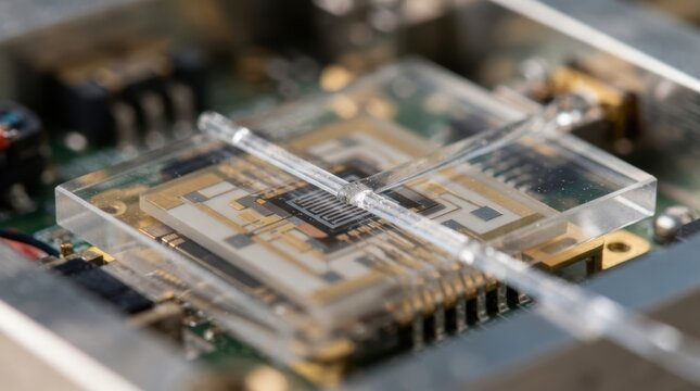 Close up view of a modern computer motherboard circuit board with electronic parts and copper heat sinks