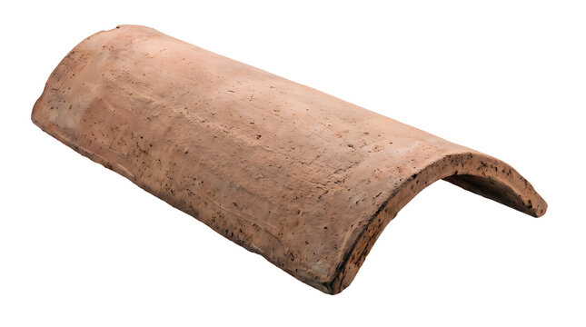 Single curved terracotta roof tile with a rough, weathered clay texture, isolated on a white background, viewed from a angle perspective