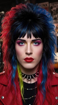 Punk rock fashion portrait of young person with colorful dyed hair and spikes
