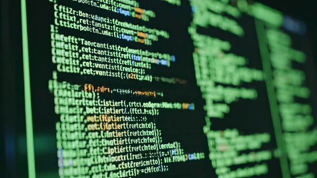 Scrolling code filling close-up dark screen during software execution, cybersecurity monitoring, developer workflow, system debugging, data processing, terminal output, and threat analysis footage