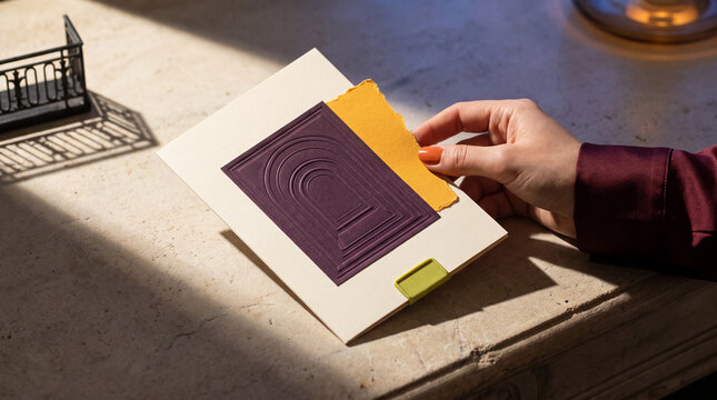 Fashion week invitation card held by a person in a cozy setting  