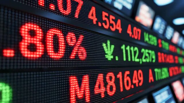 Index numbers updating close-up across live stock market ticker as scrolling line moves through trading board, financial data feed, price change alerts, market volatility, and investment analysis