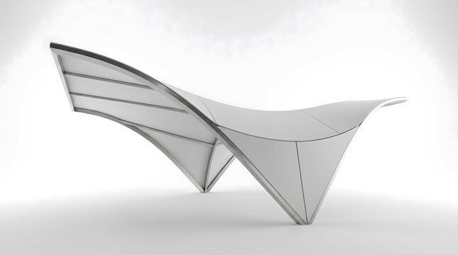 White tensile fabric structure with a curved, wave-like canopy roof supported by triangular metal frames on a plain, bright white background