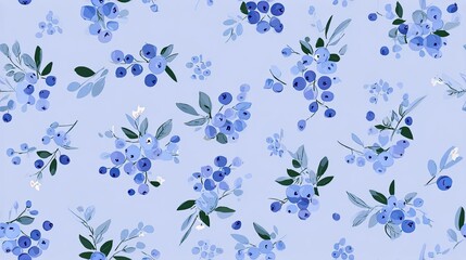 Fototapeta premium Seamless pattern of blue floral branches and small blossoms on a soft periwinkle background, elegant botanical illustration, cool decorative surface design