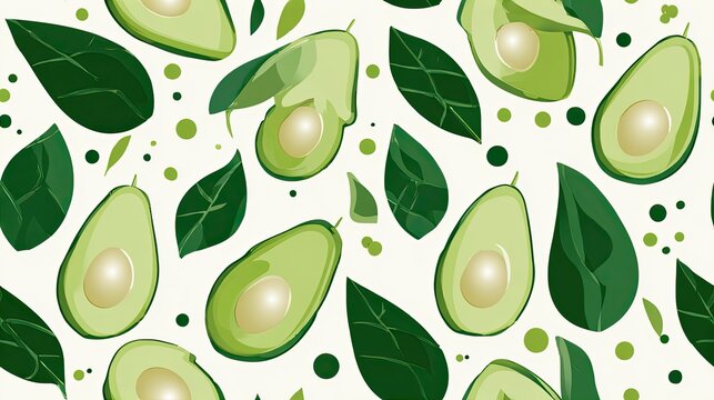 Seamless avocado pattern with sliced fruit and green leaves on a dark green background, healthy food illustration, modern botanical surface design