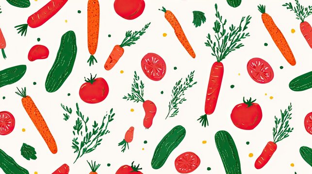 Seamless vegetable pattern with carrots, tomatoes, cucumbers and leafy herbs on a white background, fresh food illustration, playful kitchen surface design