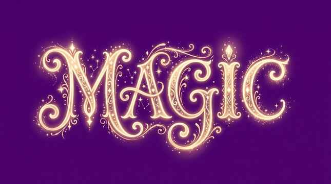 Magic word written in glowing golden ornate typography on a dark purple background