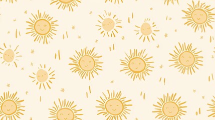 Fototapeta premium Seamless pattern of stylized yellow suns and radiating lines on a cream background, cheerful celestial illustration, warm minimal surface desig