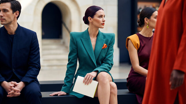 Fashion attendees seated at an event in stylish outfits  