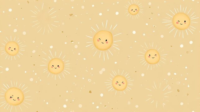 Seamless pattern of smiling suns with cute faces on a soft yellow background, cheerful nursery illustration, playful celestial design, warm kids decor