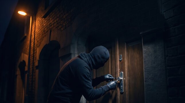 masked burglar in black hoodie picking lock on wooden front door at night. concept of home security, crime, and theft. dark street background with copyspace. banner, website header.