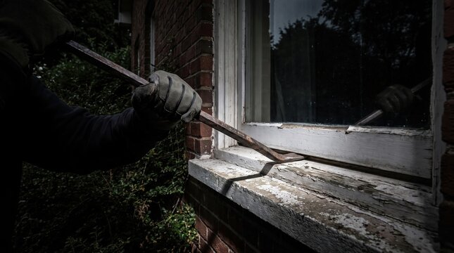 hooded burglar using crowbar to pry open window of brick house at night. home invasion, theft and crime concept. security system banner, website header.