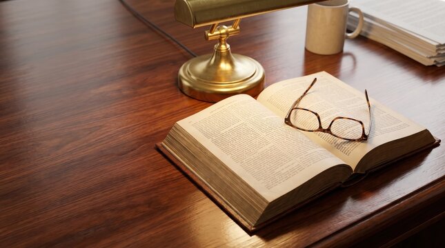 open book with reading glasses on wooden desk. brass lamp and white mug in background. academic research, legal study, literature concept. education banner, website header with copyspace.