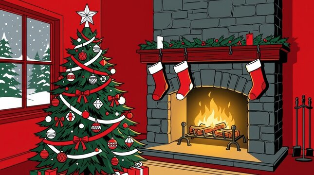 Cozy christmas living room scene with a decorated tree, glowing fireplace, and hanging stockings in a festive holiday interior setting