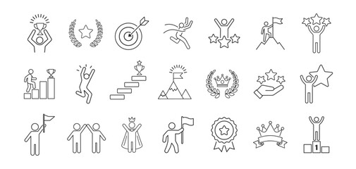Obraz premium Success and motivation outline icon set with achievement, leadership, goal, growth, determination, progress and victory