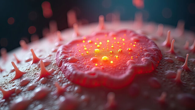 Abstract 3d representation of a viral cell surface showing spikes and glowing nodes in microscopic detail