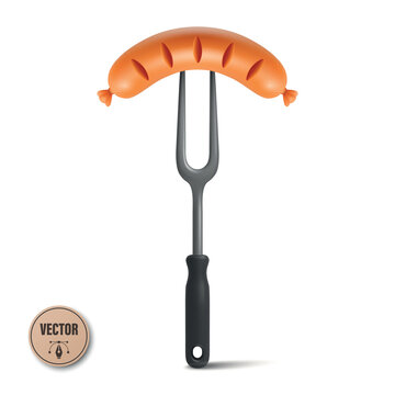 Sausage on Fork, 3d Vector Illustration. 3d Grilled Sausage, Barbecue Sausage Vector Isolated for BBQ Menu, Oktoberfest Design