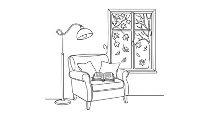 Fototapeta premium Warm and Cozy Autumn Reading Nook with Soft Pillows and Books by the Window