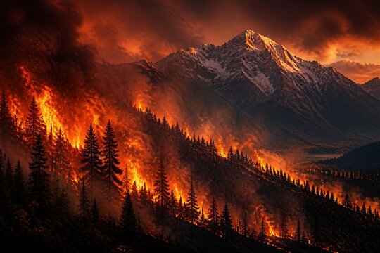 Mountain slope forest burning during large wildfire under smoke